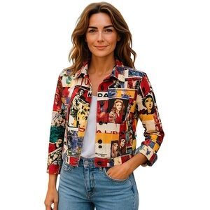 Womens Lifestyle Patchwork Graphic Denim Jacket Size MP